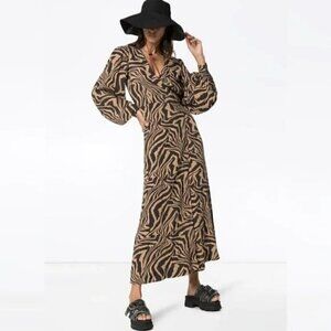 Ganni Tiger Print Crepe Wrap Midi Dress